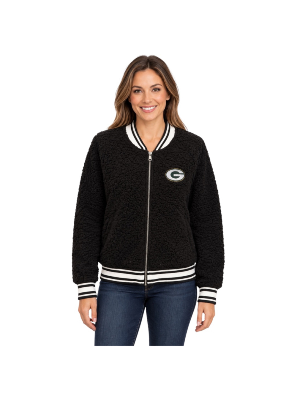 Green Bay Packers Black Sherpa Bomber Jacket Full Zip Large NFL